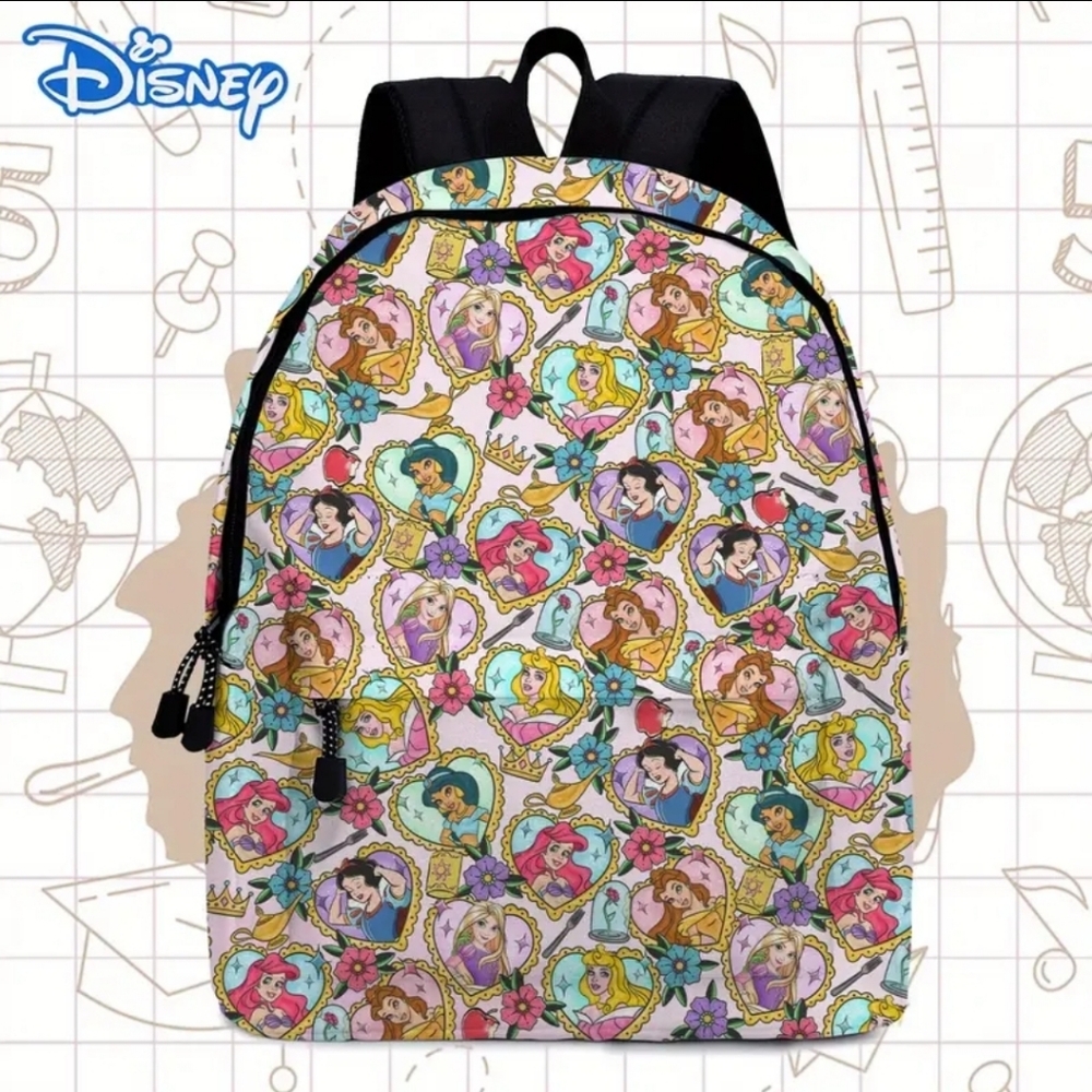NWT Disney Princess Patterned Backpack with Black Straps. large